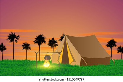 landscape of camping tent at the meadow in morning