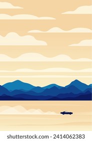 Landscape with car in the desert with mountains and clouds. Highway and a passing car aesthetic illustration.