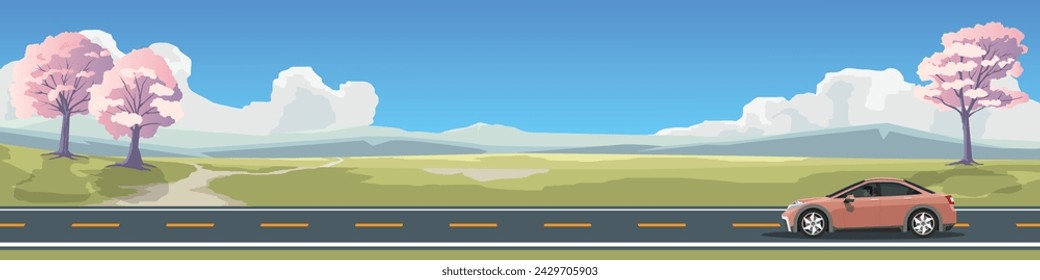 Landscape with a car on the road. Travels of sedan car for banner. Asphalt road near the meadow with bossum cherry tree and mountain under clear sky. Can view interior of car. Copy Space Flat Vector.