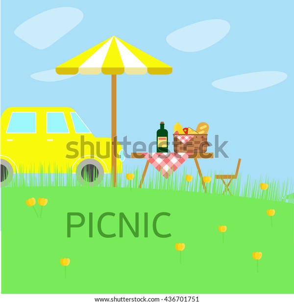 Landscape with car and picnic party\
background. Flat vector illustrator. Vintage\
style