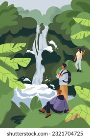 Landscape card with friends at waterfall. People hiking in nature. Holiday adventure, travel. Hikers exploring calm peaceful serene summer forest with green plants, water. Flat vector illustration