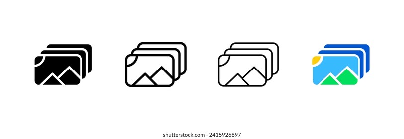 Landscape card icons. Different styles, landscape with mountains and sun, cards with landscape. Vector icons