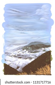 landscape card with mountains and hills in clouds with dry grass in the foreground, sketch vector graphics color illustration 