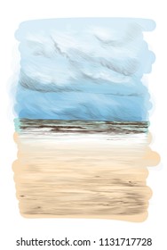 landscape card with a picture of a Sunny sandy beach with sea wave in the distance and clear skies, the sketch vector graphics color illustration