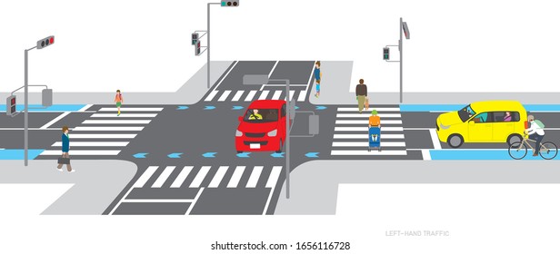 Landscape of cars and pedestrians on the left-hand road.Japan