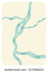 Landscape cartography of the river. Doodle hand drawn vector clipart illustration