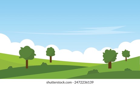 landscape carton scene background. green field with white cloud and blue sky