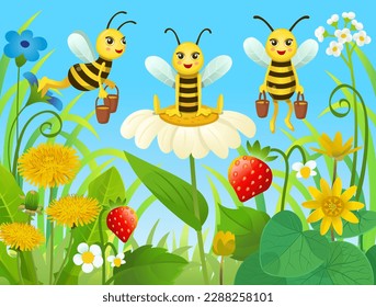 Landscape with cartoon bees on the flower meadow. Сute cartoon bees. Cartoon bees  on flower field. Illustration for children
