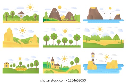 Landscape cartoon flat concept nature icons illustrations vector set.