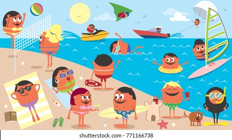 Landscape cartoon illustration of busy beach in the summer. 
