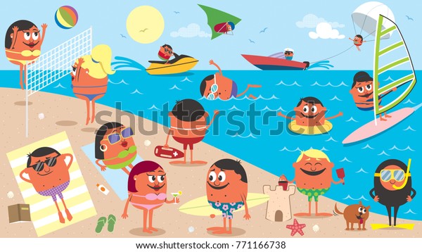 Landscape Cartoon Illustration Busy Beach Summer Stock Vector (Royalty ...