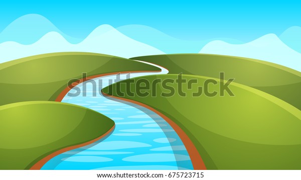 Landscape Cartoon Illustration River Sun Hill Stock Vector (Royalty ...