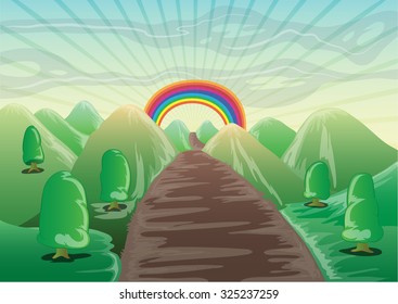 landscape cartoon with mountain, trees, ans straight road to the rainbow horizon