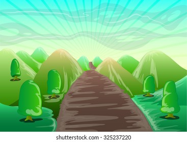 landscape cartoon with mountain, trees, and straight road to the horizon