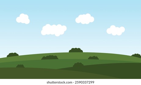 landscape cartoon scene background. green field with blue sky and white cloud