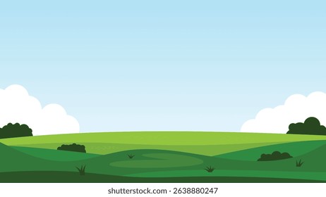 landscape cartoon scene background. green field with trees and blue sky 