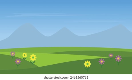 landscape cartoon scene with colorful flower on green hill and mountain with blue sky background