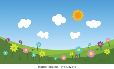 landscape cartoon scene. colorful flower on green field with sun and white cloud on blue sky background