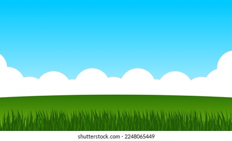 landscape cartoon scene. green field with white cloud and blue sky