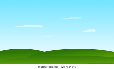 landscape cartoon scene. green field with summer blue sky 
