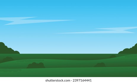 escena de dibujos animados paisajísticos con campo verde y nube blanca en verano fondo azul cielo