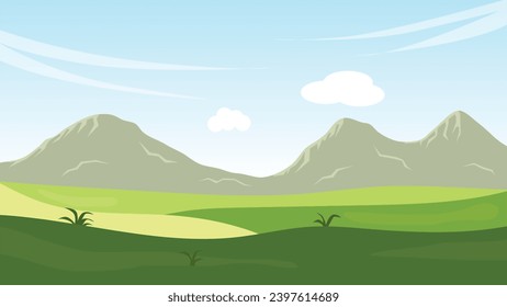 landscape cartoon scene with green field and white cloud in summer blue sky background