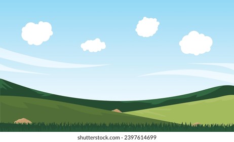 landscape cartoon scene with green field and white cloud in summer blue sky background