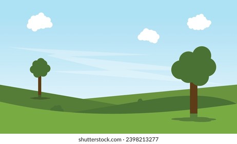 landscape cartoon scene with green field and white cloud in summer blue sky background
