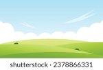 landscape cartoon scene with green hills and white cloud in summer blue sky background
