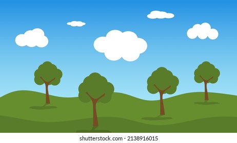 landscape cartoon scene with green hills and white cloud in summer blue sky background