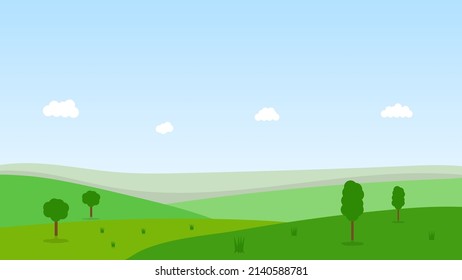 landscape cartoon scene with green hills and white cloud in summer blue sky background