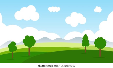 landscape cartoon scene with green hills and white cloud in summer blue sky background