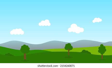 landscape cartoon scene with green hills and white cloud in summer blue sky background