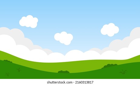 paisaje de dibujos animados con colinas verdes y nube blanca en verano fondo azul cielo