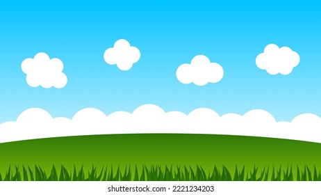 paisaje de dibujos animados con colinas verdes y nube blanca en verano fondo azul cielo