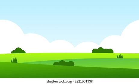 landscape cartoon scene with green hills and white cloud in summer blue sky background