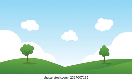 landscape cartoon scene with green hills and white cloud in summer blue sky background