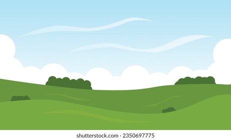 paisaje de dibujos animados con colinas verdes y nube blanca en verano fondo azul cielo