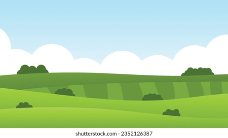 landscape cartoon scene with green hills and white cloud in summer blue sky background