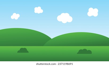 landscape cartoon scene with green hills and white cloud in summer blue sky background
