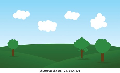 landscape cartoon scene with green hills and white cloud in summer blue sky background
