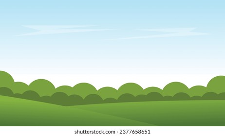 landscape cartoon scene with green hills and white cloud in summer blue sky background