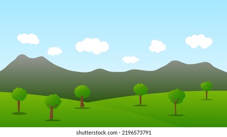 landscape cartoon scene with green tree on hill and white cloud in summer blue sky background