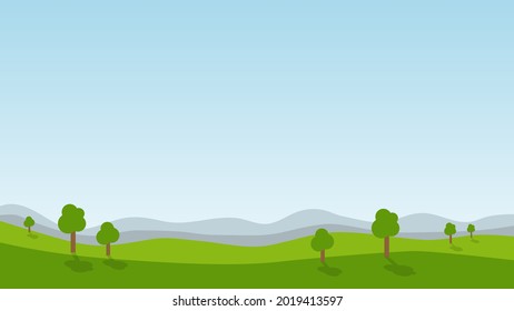 landscape cartoon scene with green trees on hills and summer blue sky background with copy space. vector illustration