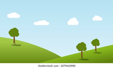 landscape cartoon scene with green trees on hills and white fluffy cloud in summer blue sky background. vector illustration