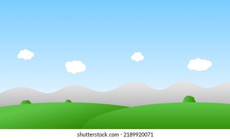landscape cartoon scene with green trees on hills and white fluffy cloud in summer blue sky background 