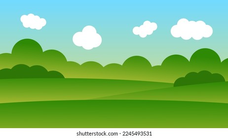 landscape cartoon scene with green trees on hills and white cloud in blue sky background