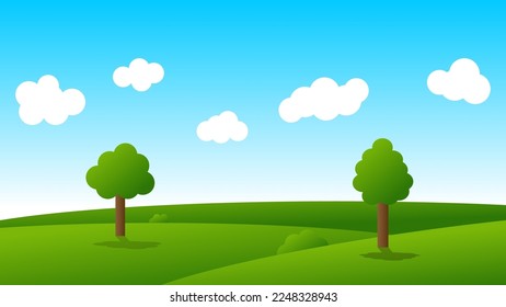landscape cartoon scene with green trees on hills and white cloud in blue sky background