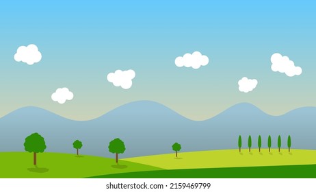 landscape cartoon scene with tree on green hills and white cloud in summer blue sky background