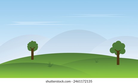 landscape cartoon scene with tree on hills and mountain with blue sky